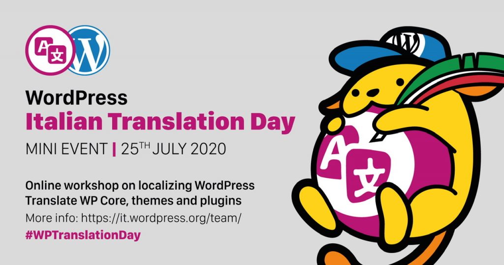 Banner with wapuu for the Italian WordPress Translation Day Mini-event on Sat 25 July 2020